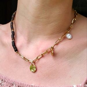 Gold, Baroque Pearl, and Rustic Bead Necklace